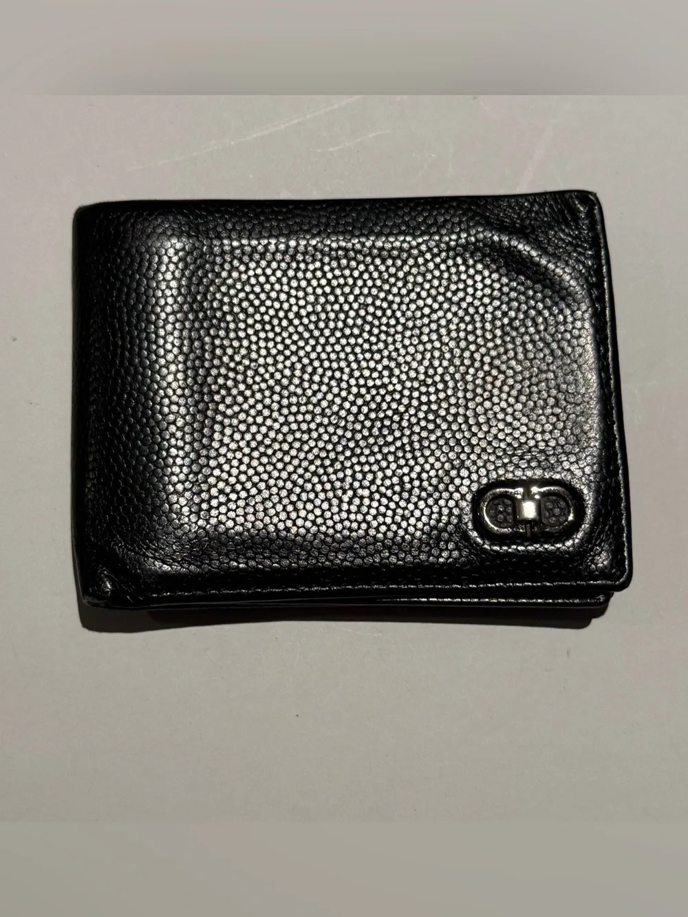 Salvatore Ferragamo Black Pebbled Leather Bi-Fold Wallet with Silver Hardware